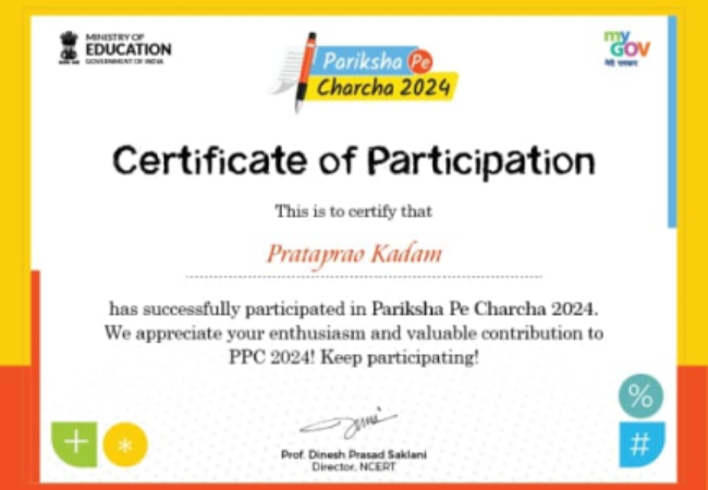 Certificate of participation in Parikasha pe charcha 